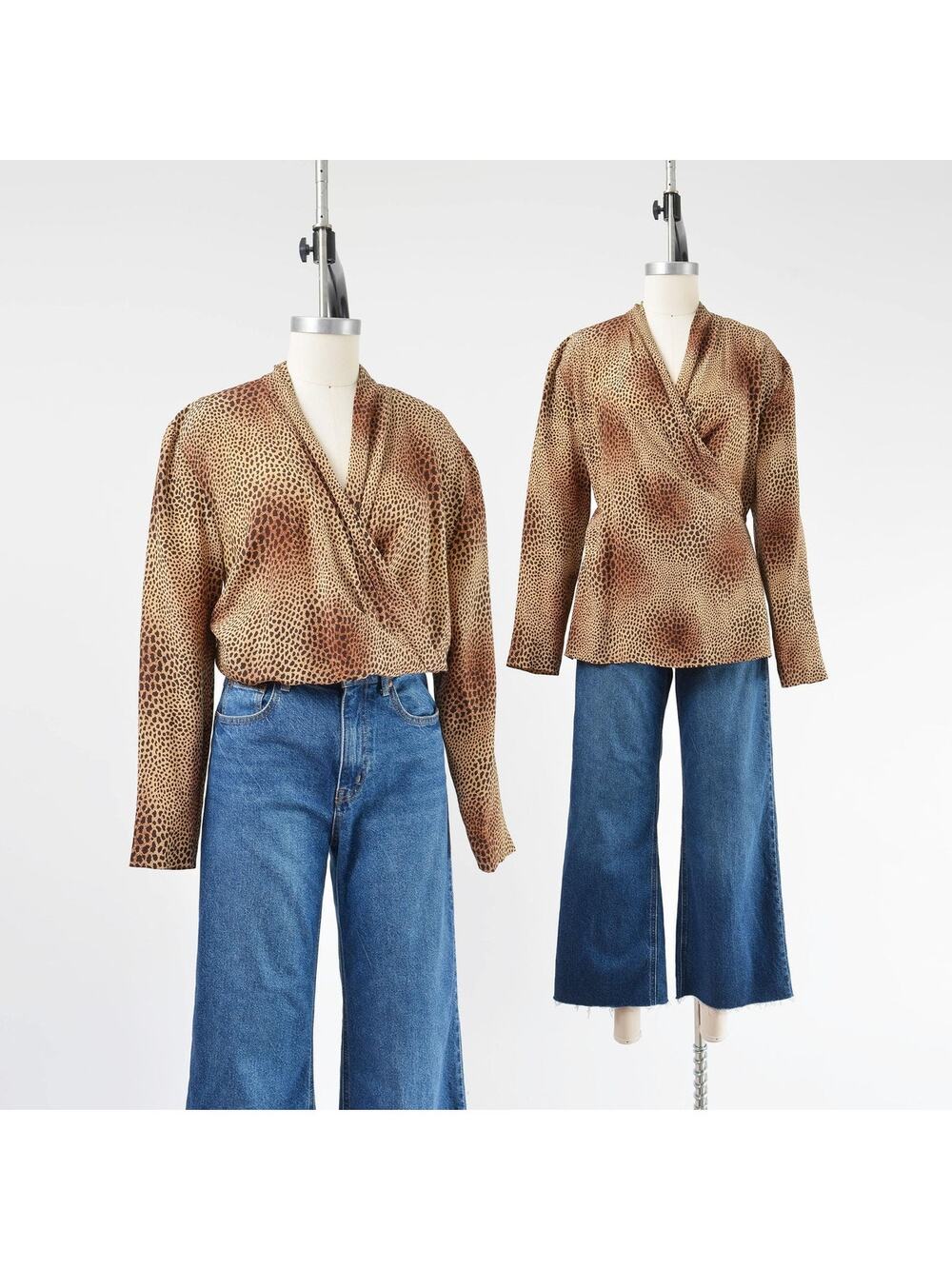 Vintage 80s Silk Animal Print Blouse Leopard Wrap Top Button Back Safari M L